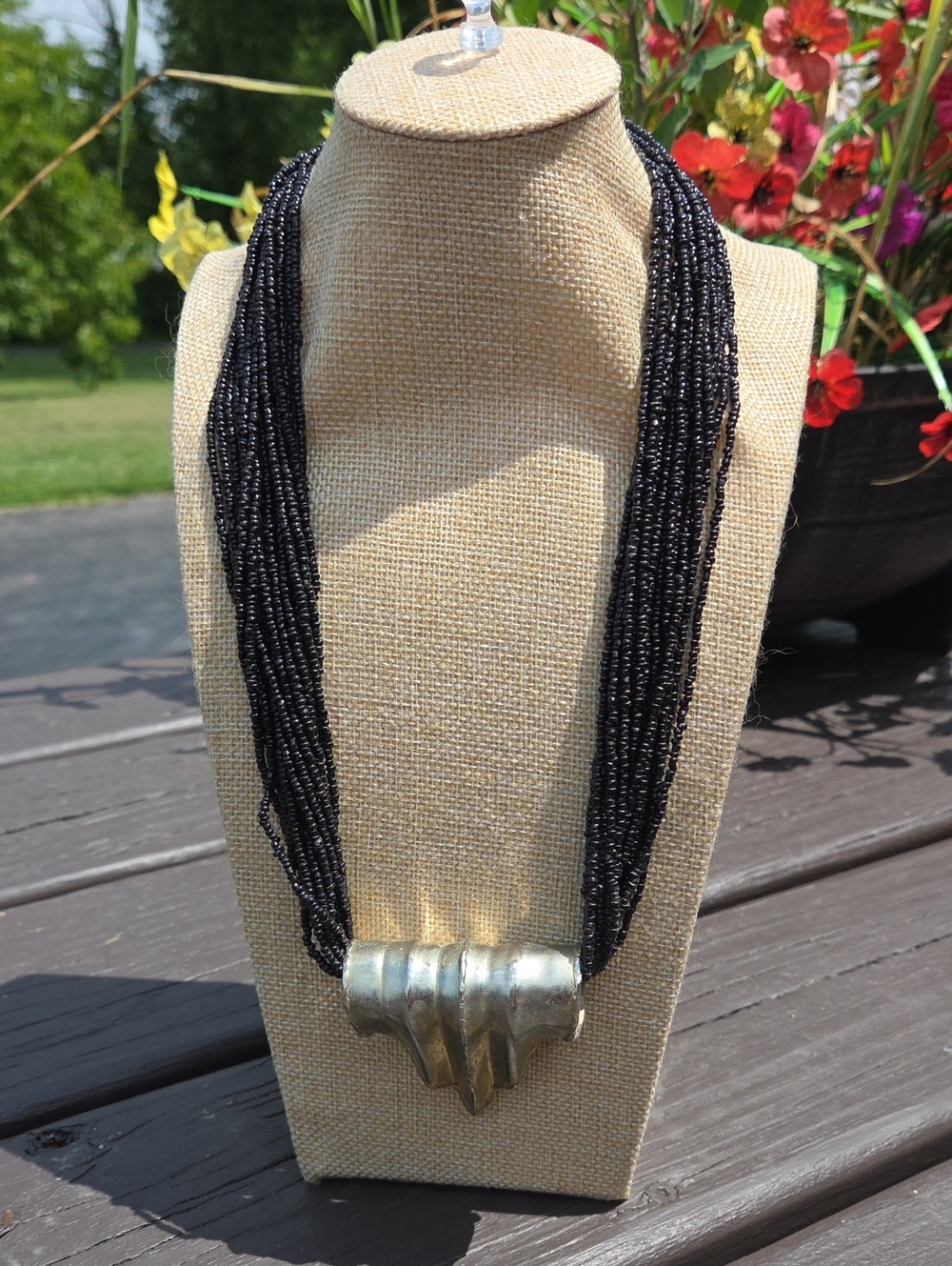 Vintage Black Multi-Strand Seed Beaded Necklace with Silver Statement Pendant